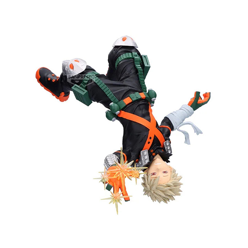 Front view of Katsuki Bakugo Maximatic figure in explosive battle stance wearing hero suit on white background