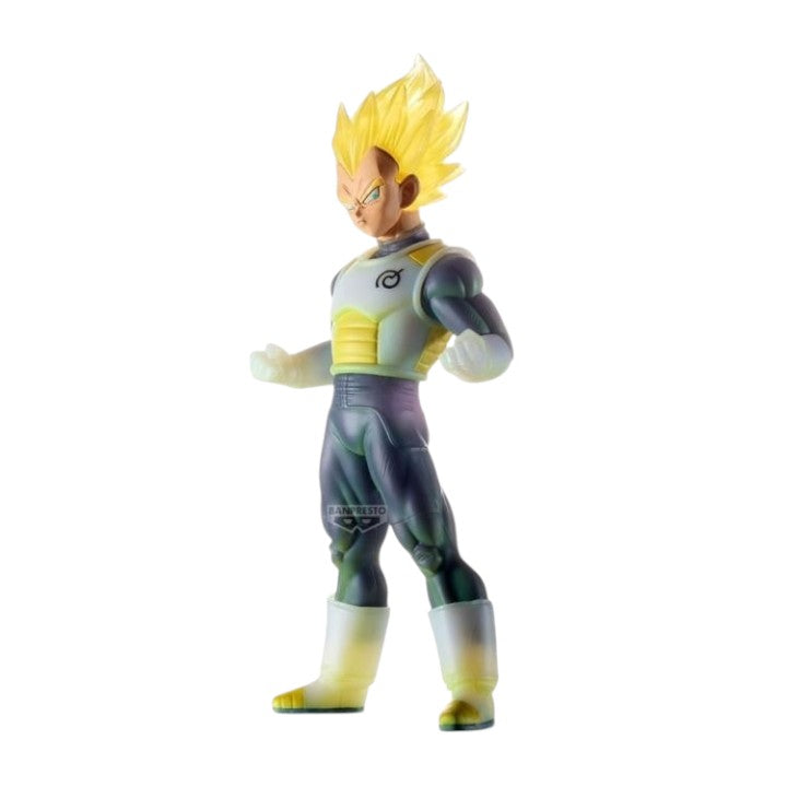 GG Anime Collectibles Super Saiyan Vegeta Clearise Figure, yellow hair, grey and white suit with yellow accents.
