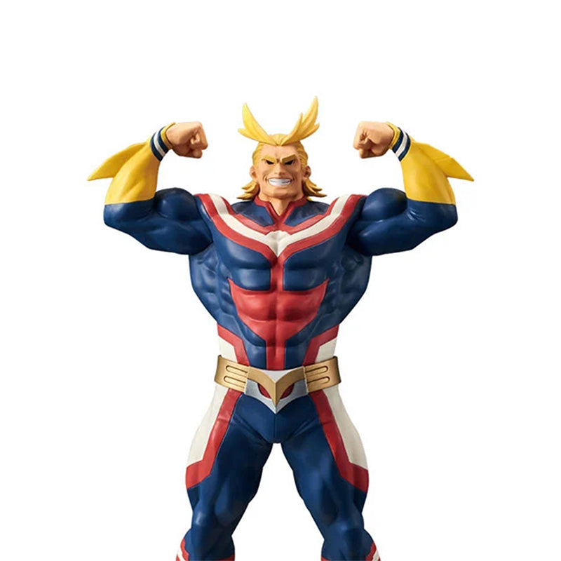 Right side view of All Might anime figure showing muscular stance and bold hero costume details in Grandista scale