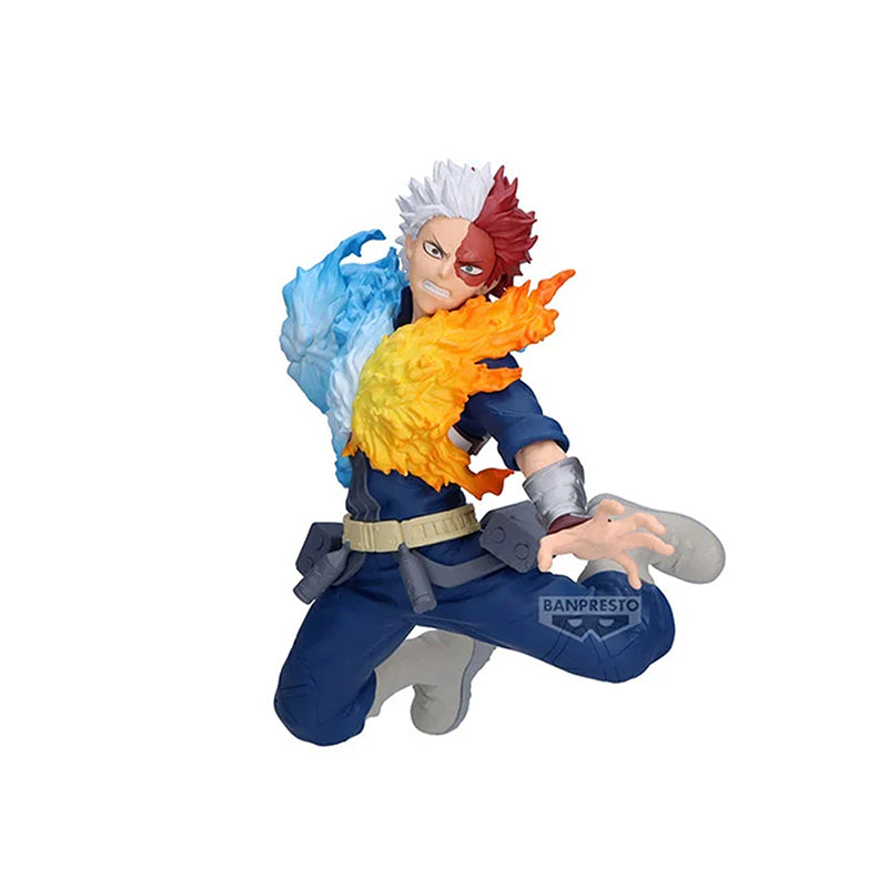 Front view of Shoto Todoroki Maximatic figure unleashing fire and ice powers, wearing blue and gray hero suit on a white background