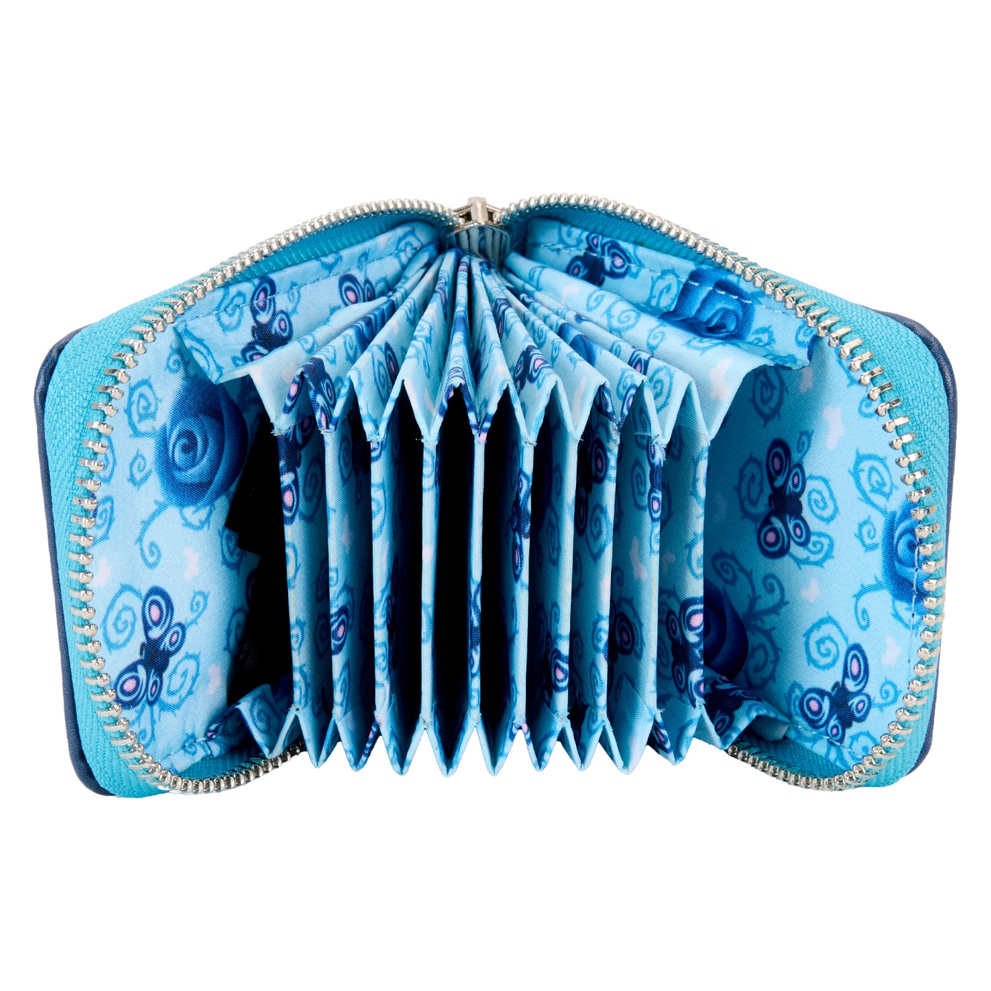 Open view of Corpse Bride wallet displaying card slots and lining