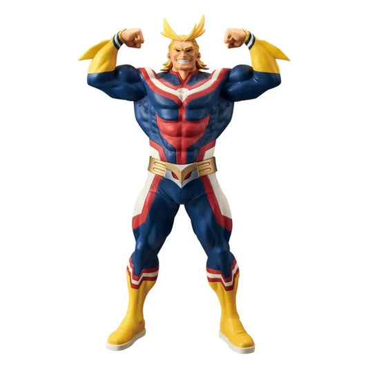 Front view of All Might Grandista figure by Banpresto in iconic hero pose, wearing red, blue, and yellow hero suit on white background
