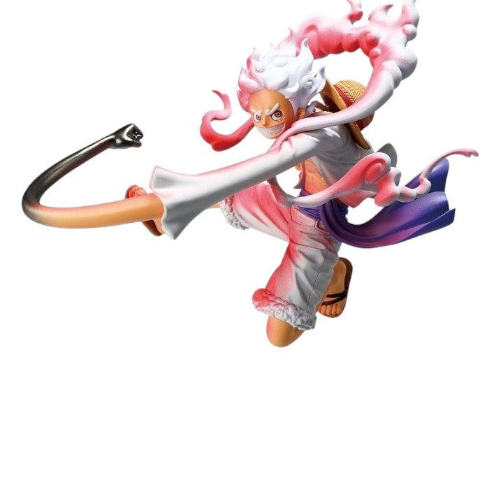 GG Anime Collectibles Gear 5 Luffy figure, white hair, straw hat, white outfit with pink accents, purple sash, dynamic pose.