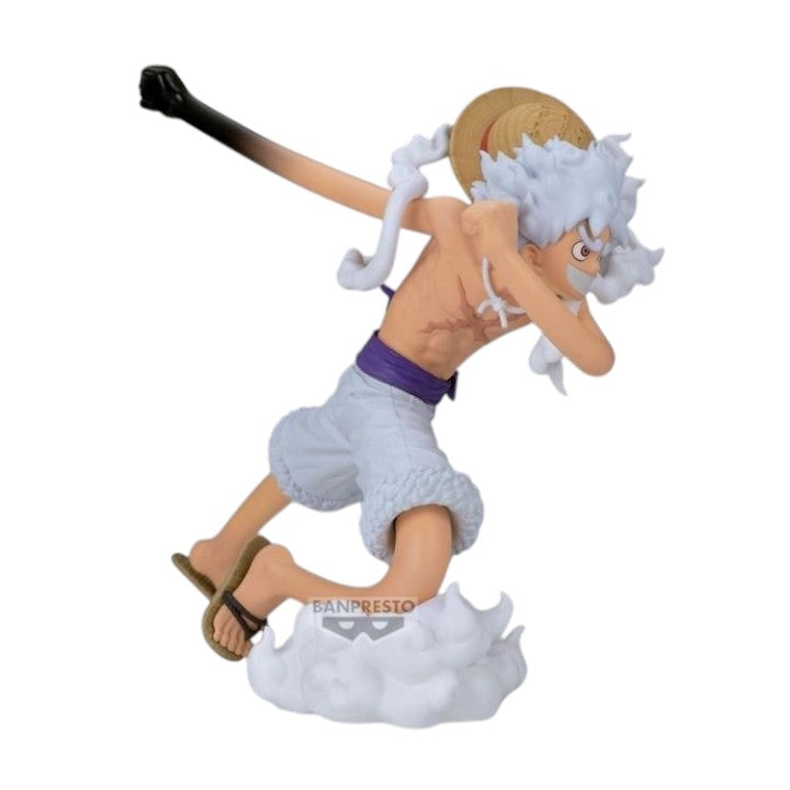 GG Anime Collectibles One Piece Grandista Luffy Gear 5 II figure, white hair, white shorts, purple belt, straw hat, action pose on cloud base.