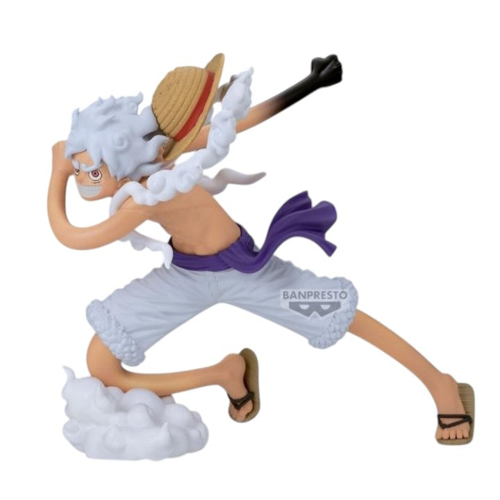 GG Anime Collectibles Grandista Luffy Gear 5 II figure, white hair, straw hat, purple sash, white shorts, dynamic pose.