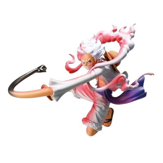 GG Anime Collectibles Gear 5 Luffy figure, white and pink swirling energy, straw hat, dynamic pose.
