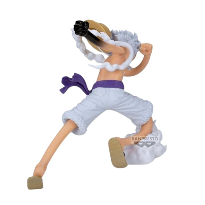 Rear view of Luffy Gear 5 Grandista One Piece figure showing full body sculpt, outfit detail, and figure base