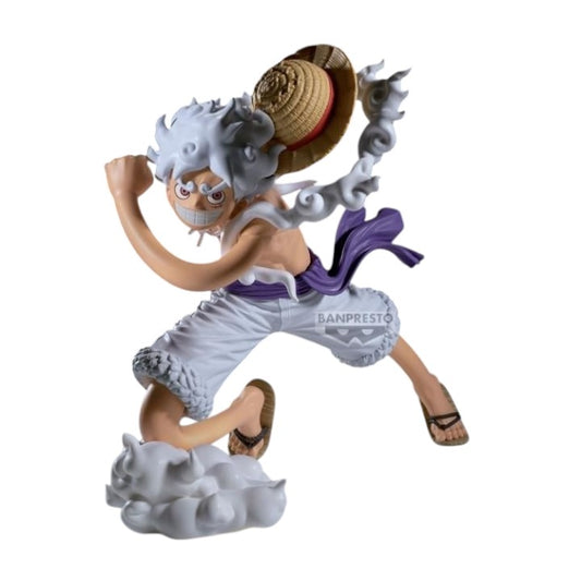 Front view of Monkey D. Luffy Gear 5 Grandista figure in dynamic forward-leaping pose from One Piece anime
