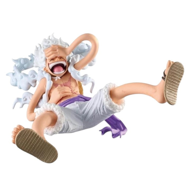 Left-side view of One Piece Monkey D. Luffy Gear 5 collectible figure highlighting artistic detailing and iconic transformation look