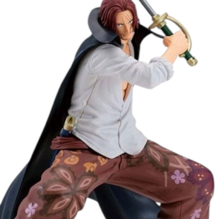 GG Anime Collectibles One Piece Shanks Grandista figure, a collectible statue of the character with red hair, holding a sword, wearing a white shirt and patterned brown pants.