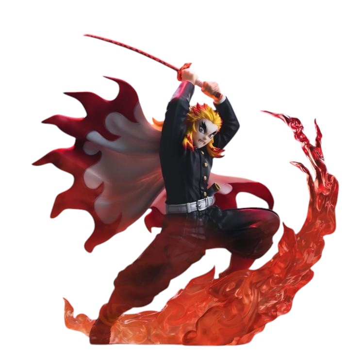 Right-side view of Rengoku Demon Slayer figure showcasing flame haori and sculpt detail