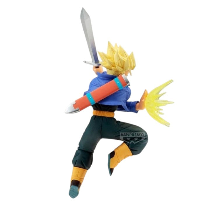 GG Anime Collectibles Super Saiyan Trunks figure with sword and energy blast, blue jacket, dark pants, yellow boots.