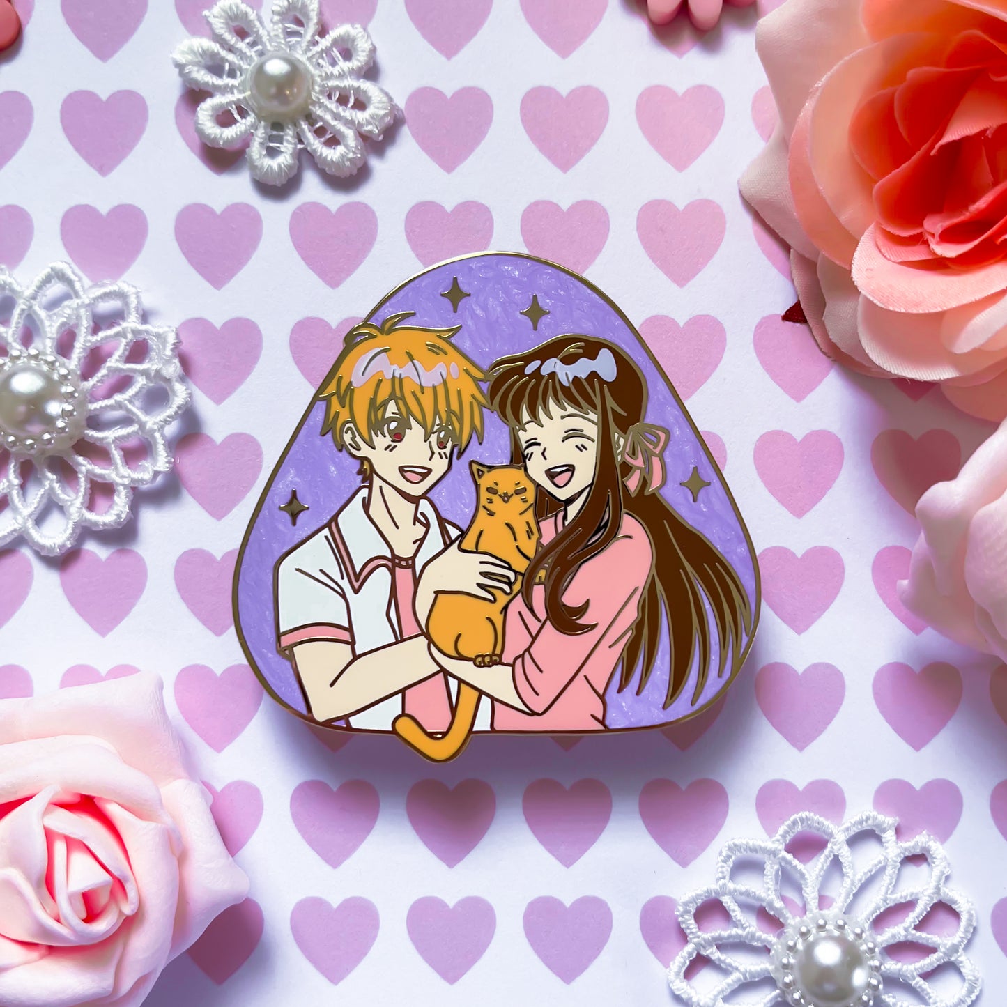 Fruits Basket Enamel Pin by Nova - Front View Featuring Kyo Sohma and Tohru Honda with Cat